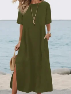 Discount Women's ArmyGreen Black White Summer Spring Fall Maxi Dress White Dress Cotton Linen Dresses Basic Casual Outdoor Daily Loose Fit Plain Crew Neck Women Dresses|White Dresses