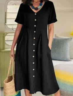 Discount Women's ArmyGreen Black White Summer Spring Midi Dress White Dress Cotton Linen Dresses Shirt Dress Basic Modern Daily Weekend Loose Fit Plain V Neck Women Dresses|White Dresses