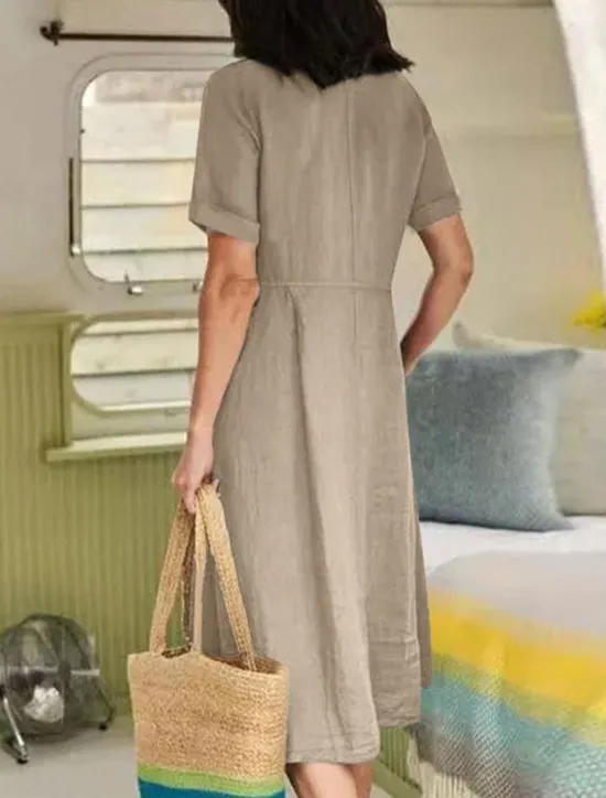 Discount Women's ArmyGreen Black White Summer Spring Midi Dress White Dress Cotton Linen Dresses Shirt Dress Basic Modern Daily Weekend Loose Fit Plain V Neck Women Dresses|White Dresses