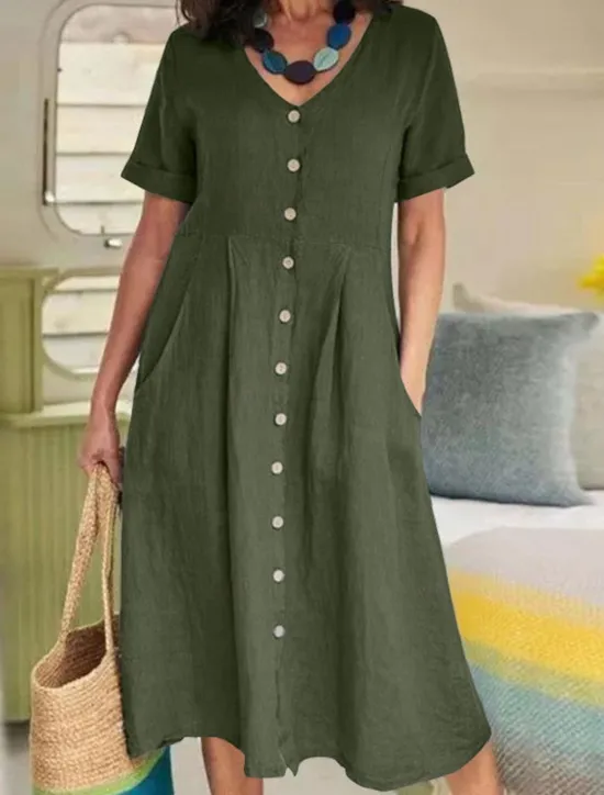 Discount Women's ArmyGreen Black White Summer Spring Midi Dress White Dress Cotton Linen Dresses Shirt Dress Basic Modern Daily Weekend Loose Fit Plain V Neck Women Dresses|White Dresses