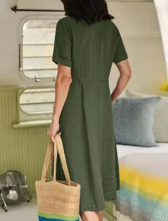 Discount Women's ArmyGreen Black White Summer Spring Midi Dress White Dress Cotton Linen Dresses Shirt Dress Basic Modern Daily Weekend Loose Fit Plain V Neck Women Dresses|White Dresses