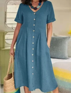 Discount Women's ArmyGreen Black White Summer Spring Midi Dress White Dress Cotton Linen Dresses Shirt Dress Basic Modern Daily Weekend Loose Fit Plain V Neck Women Dresses|White Dresses