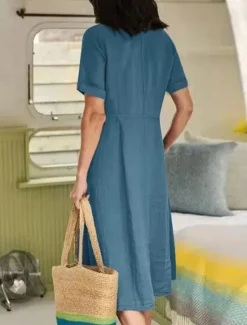 Discount Women's ArmyGreen Black White Summer Spring Midi Dress White Dress Cotton Linen Dresses Shirt Dress Basic Modern Daily Weekend Loose Fit Plain V Neck Women Dresses|White Dresses