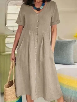 Discount Women's ArmyGreen Black White Summer Spring Midi Dress White Dress Cotton Linen Dresses Shirt Dress Basic Modern Daily Weekend Loose Fit Plain V Neck Women Dresses|White Dresses