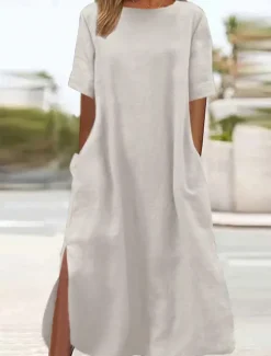 Outlet Women's ArmyGreen Black Wine Summer Spring Maxi long Dress Linen-Inspired Dresses Casual Dress Daily Basic Casual Home Daily Beach Loose Fit Plain Crew Neck Women Dresses