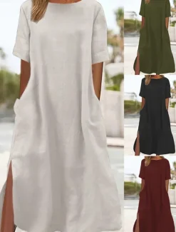 Outlet Women's ArmyGreen Black Wine Summer Spring Maxi long Dress Linen-Inspired Dresses Casual Dress Daily Basic Casual Home Daily Beach Loose Fit Plain Crew Neck Women Dresses