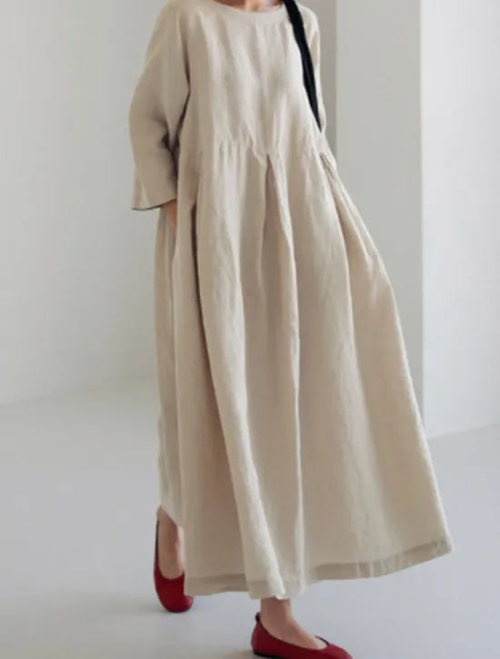 Online Women's ArmyGreen Black Yellow Summer Spring Fall Maxi Dress Cotton Linen Dresses Casual Dress Cotton Summer Dress Casual Daily Casual Street Style Outdoor Vacation Daily Loose Fit Plain Crew Neck Women Dresses
