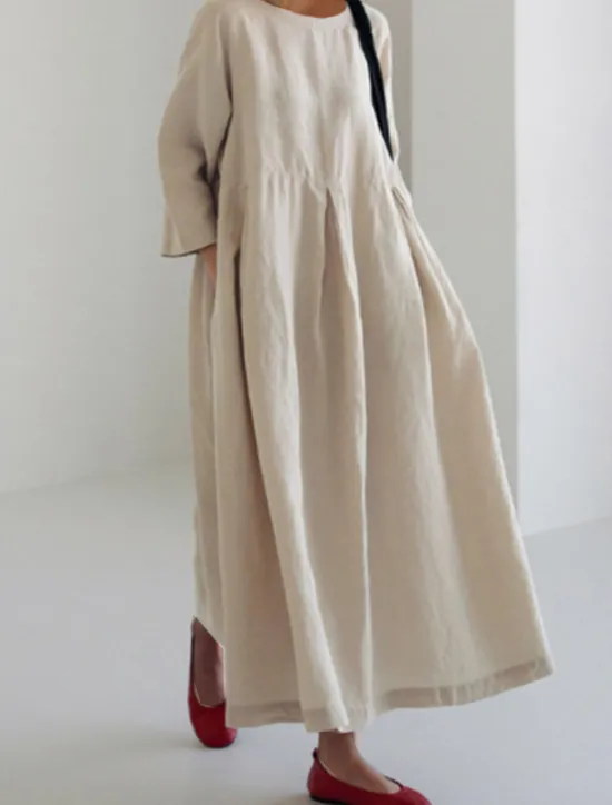 Online Women's ArmyGreen Black Yellow Summer Spring Fall Maxi Dress Cotton Linen Dresses Casual Dress Cotton Summer Dress Casual Daily Casual Street Style Outdoor Vacation Daily Loose Fit Plain Crew Neck Women Dresses