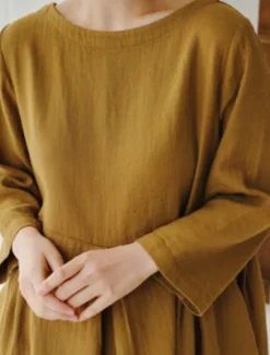 Online Women's ArmyGreen Black Yellow Summer Spring Fall Maxi Dress Cotton Linen Dresses Casual Dress Cotton Summer Dress Casual Daily Casual Street Style Outdoor Vacation Daily Loose Fit Plain Crew Neck Women Dresses