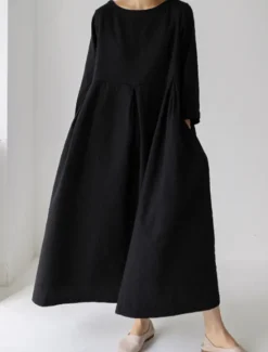 Online Women's ArmyGreen Black Yellow Summer Spring Fall Maxi Dress Cotton Linen Dresses Casual Dress Cotton Summer Dress Casual Daily Casual Street Style Outdoor Vacation Daily Loose Fit Plain Crew Neck Women Dresses