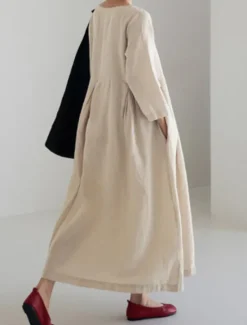 Online Women's ArmyGreen Black Yellow Summer Spring Fall Maxi Dress Cotton Linen Dresses Casual Dress Cotton Summer Dress Casual Daily Casual Street Style Outdoor Vacation Daily Loose Fit Plain Crew Neck Women Dresses