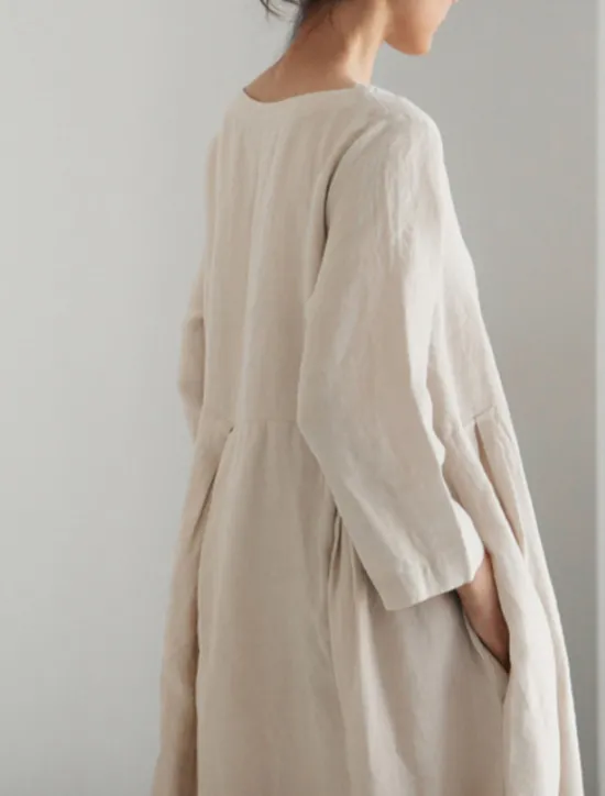 Online Women's ArmyGreen Black Yellow Summer Spring Fall Maxi Dress Cotton Linen Dresses Casual Dress Cotton Summer Dress Casual Daily Casual Street Style Outdoor Vacation Daily Loose Fit Plain Crew Neck Women Dresses