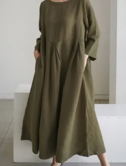 Online Women's ArmyGreen Black Yellow Summer Spring Fall Maxi Dress Cotton Linen Dresses Casual Dress Cotton Summer Dress Casual Daily Casual Street Style Outdoor Vacation Daily Loose Fit Plain Crew Neck Women Dresses