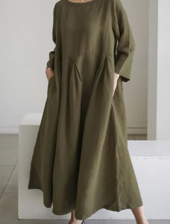 Online Women's ArmyGreen Black Yellow Summer Spring Fall Maxi Dress Cotton Linen Dresses Casual Dress Cotton Summer Dress Casual Daily Casual Street Style Outdoor Vacation Daily Loose Fit Plain Crew Neck Women Dresses