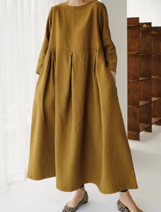 Online Women's ArmyGreen Black Yellow Summer Spring Fall Maxi Dress Cotton Linen Dresses Casual Dress Cotton Summer Dress Casual Daily Casual Street Style Outdoor Vacation Daily Loose Fit Plain Crew Neck Women Dresses