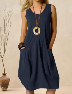 Women's ArmyGreen Navy Blue Orange Summer Spring Midi Dress Cotton Linen Dresses Casual Dress Cotton Summer Dress Basic Classic Casual Outdoor Daily Regular Fit Pure Color U Neck Women Dresses