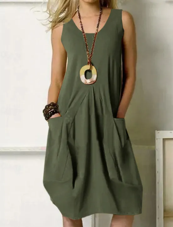 Women's ArmyGreen Navy Blue Orange Summer Spring Midi Dress Cotton Linen Dresses Casual Dress Cotton Summer Dress Basic Classic Casual Outdoor Daily Regular Fit Pure Color U Neck Women Dresses