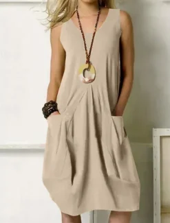 Women's ArmyGreen Navy Blue Orange Summer Spring Midi Dress Cotton Linen Dresses Casual Dress Cotton Summer Dress Basic Classic Casual Outdoor Daily Regular Fit Pure Color U Neck Women Dresses