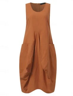 Women's ArmyGreen Navy Blue Orange Summer Spring Midi Dress Cotton Linen Dresses Casual Dress Cotton Summer Dress Basic Classic Casual Outdoor Daily Regular Fit Pure Color U Neck Women Dresses