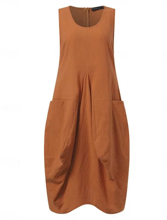 Women's ArmyGreen Navy Blue Orange Summer Spring Midi Dress Cotton Linen Dresses Casual Dress Cotton Summer Dress Basic Classic Casual Outdoor Daily Regular Fit Pure Color U Neck Women Dresses