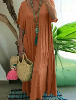 Online Women's ArmyGreen Orange khaki Summer Maxi Dress Linen-Inspired Dresses Elegant Fashion Office Daily Loose Fit V Neck Women Dresses
