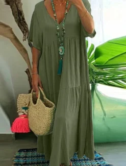 Online Women's ArmyGreen Orange khaki Summer Maxi Dress Linen-Inspired Dresses Elegant Fashion Office Daily Loose Fit V Neck Women Dresses