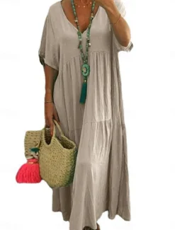 Online Women's ArmyGreen Orange khaki Summer Maxi Dress Linen-Inspired Dresses Elegant Fashion Office Daily Loose Fit V Neck Women Dresses