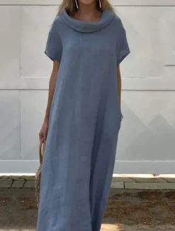 Best Women's ArmyGreen Pink Blue Summer Spring Maxi Dress Linen-Inspired Dresses Casual Dress Cotton Linen Dress Basic Modern Daily Weekend Loose Fit Plain Crew Neck Women Dresses