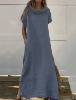 Best Women's ArmyGreen Pink Blue Summer Spring Maxi Dress Linen-Inspired Dresses Casual Dress Cotton Linen Dress Basic Modern Daily Weekend Loose Fit Plain Crew Neck Women Dresses
