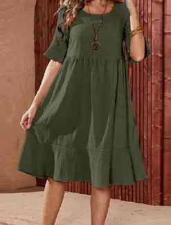 Online Women's ArmyGreen Pink Navy Blue Summer Spring Midi Dress Cotton Linen Dresses Casual Dress Cotton Summer Dress Basic Modern Daily Weekend Loose Fit Plain Crew Neck Women Dresses