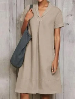 Online Women's ArmyGreen Sky Blue khaki Summer Spring Midi Dress Cotton Linen Dresses Casual Dress Fashion Modern Casual Outdoor Vacation Daily Loose Fit Plain V Neck Women Dresses