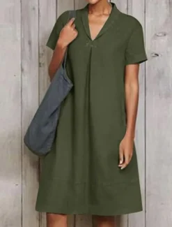 Online Women's ArmyGreen Sky Blue khaki Summer Spring Midi Dress Cotton Linen Dresses Casual Dress Fashion Modern Casual Outdoor Vacation Daily Loose Fit Plain V Neck Women Dresses