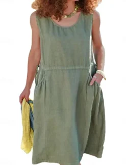Discount Women's Summer Spring Midi Dress Linen-Inspired Dresses Casual Dress Tank Dress Basic Modern Casual Daily Weekend Loose Fit Plain Crew Neck Women Dresses