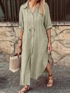 Clearance Women's ArmyGreen White khaki Spring Fall Maxi Dress Linen-Inspired Dresses Elegant Fashion Outdoor Party Loose Fit Shirt Collar Women Dresses