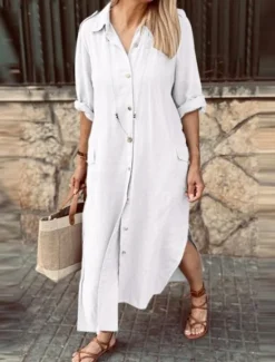 Clearance Women's ArmyGreen White khaki Spring Fall Maxi Dress Linen-Inspired Dresses Elegant Fashion Outdoor Party Loose Fit Shirt Collar Women Dresses