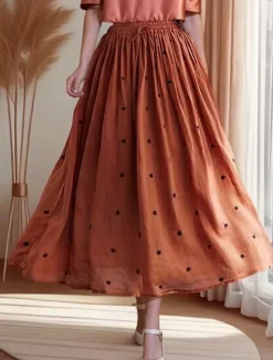 Online Women's Asian Size A Line Swing Retro Vintage Casual Midi High Waist Skirts Polka Dot Ruched Pleated Print Micro-elastic Vacation Daily Navy Apricot Yellow Orange Spring, Fall, Winter, Summer Linen Women Skirts