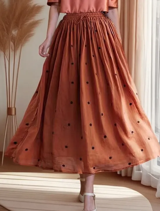 Online Women's Asian Size A Line Swing Retro Vintage Casual Midi High Waist Skirts Polka Dot Ruched Pleated Print Micro-elastic Vacation Daily Navy Apricot Yellow Orange Spring, Fall, Winter, Summer Linen Women Skirts