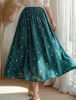 Online Women's Asian Size A Line Swing Retro Vintage Casual Midi High Waist Skirts Polka Dot Ruched Pleated Print Micro-elastic Vacation Daily Navy Apricot Yellow Orange Spring, Fall, Winter, Summer Linen Women Skirts