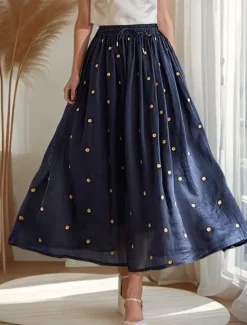 Online Women's Asian Size A Line Swing Retro Vintage Casual Midi High Waist Skirts Polka Dot Ruched Pleated Print Micro-elastic Vacation Daily Navy Apricot Yellow Orange Spring, Fall, Winter, Summer Linen Women Skirts
