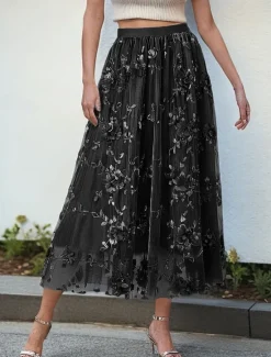 Discount Women's Asian Size Swing Gauze Skirts Fashion Cute Midi High Waist Skirts Solid Colored Pleated Embroidered Flower Micro-elastic Daily Date Apricot Black Pink Blue Spring, Fall, Winter, Summer Women Skirts