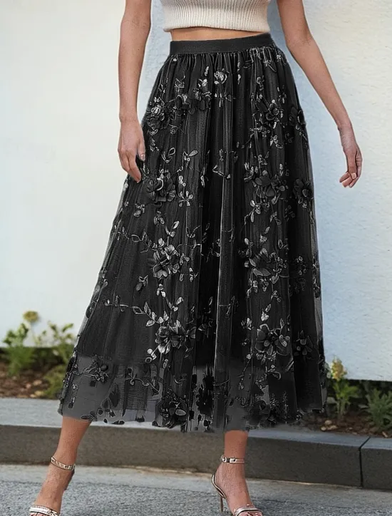Discount Women's Asian Size Swing Gauze Skirts Fashion Cute Midi High Waist Skirts Solid Colored Pleated Embroidered Flower Micro-elastic Daily Date Apricot Black Pink Blue Spring, Fall, Winter, Summer Women Skirts