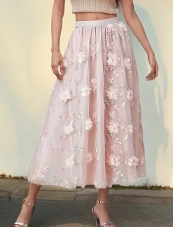 Discount Women's Asian Size Swing Gauze Skirts Fashion Cute Midi High Waist Skirts Solid Colored Pleated Embroidered Flower Micro-elastic Daily Date Apricot Black Pink Blue Spring, Fall, Winter, Summer Women Skirts