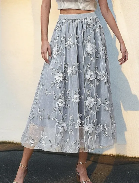 Discount Women's Asian Size Swing Gauze Skirts Fashion Cute Midi High Waist Skirts Solid Colored Pleated Embroidered Flower Micro-elastic Daily Date Apricot Black Pink Blue Spring, Fall, Winter, Summer Women Skirts