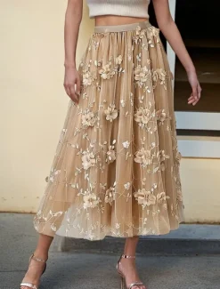 Discount Women's Asian Size Swing Gauze Skirts Fashion Cute Midi High Waist Skirts Solid Colored Pleated Embroidered Flower Micro-elastic Daily Date Apricot Black Pink Blue Spring, Fall, Winter, Summer Women Skirts