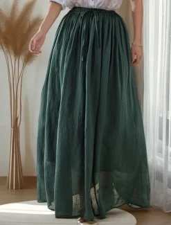 Clearance Women's Asian Size Swing Long Skirt Casual Long Maxi High Waist Skirts Solid Colored Ruched Pleated Flowy Micro-elastic Vacation Daily Black White Dark Red Purple Spring, Fall, Winter, Summer Linen Women Skirts