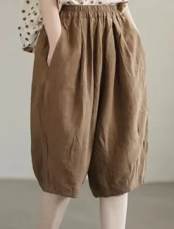 Hot Women's Baggy Shorts Knee Length Solid Color Deep Green Apricot Khaki Summer Women Pants