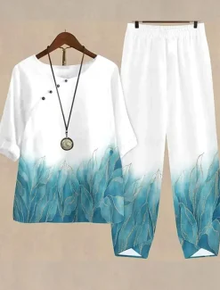 Hot Women's Basic Shirt Pants Sets Half Sleeve Round Neck Graphic Gradient Plant Print Outdoor Casual Daily White Blue Green Summer Regular Fit Women Two Piece Sets
