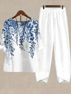 Hot Women's Basic Shirt Pants Sets Half Sleeve Round Neck Graphic Gradient Plant Print Outdoor Casual Daily White Blue Green Summer Regular Fit Women Two Piece Sets