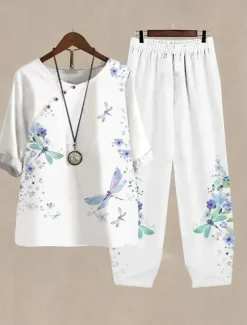 Hot Women's Basic Shirt Pants Sets Half Sleeve Round Neck Graphic Gradient Plant Print Outdoor Casual Daily White Blue Green Summer Regular Fit Women Two Piece Sets