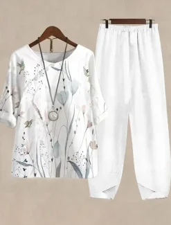 Best Women's Basic Shirt Pants Sets Half Sleeve Round Neck Ombre Floral Graphic Print Holiday Casual Daily Weekend White Yellow Light Blue Summer Regular Fit Women Two Piece Sets